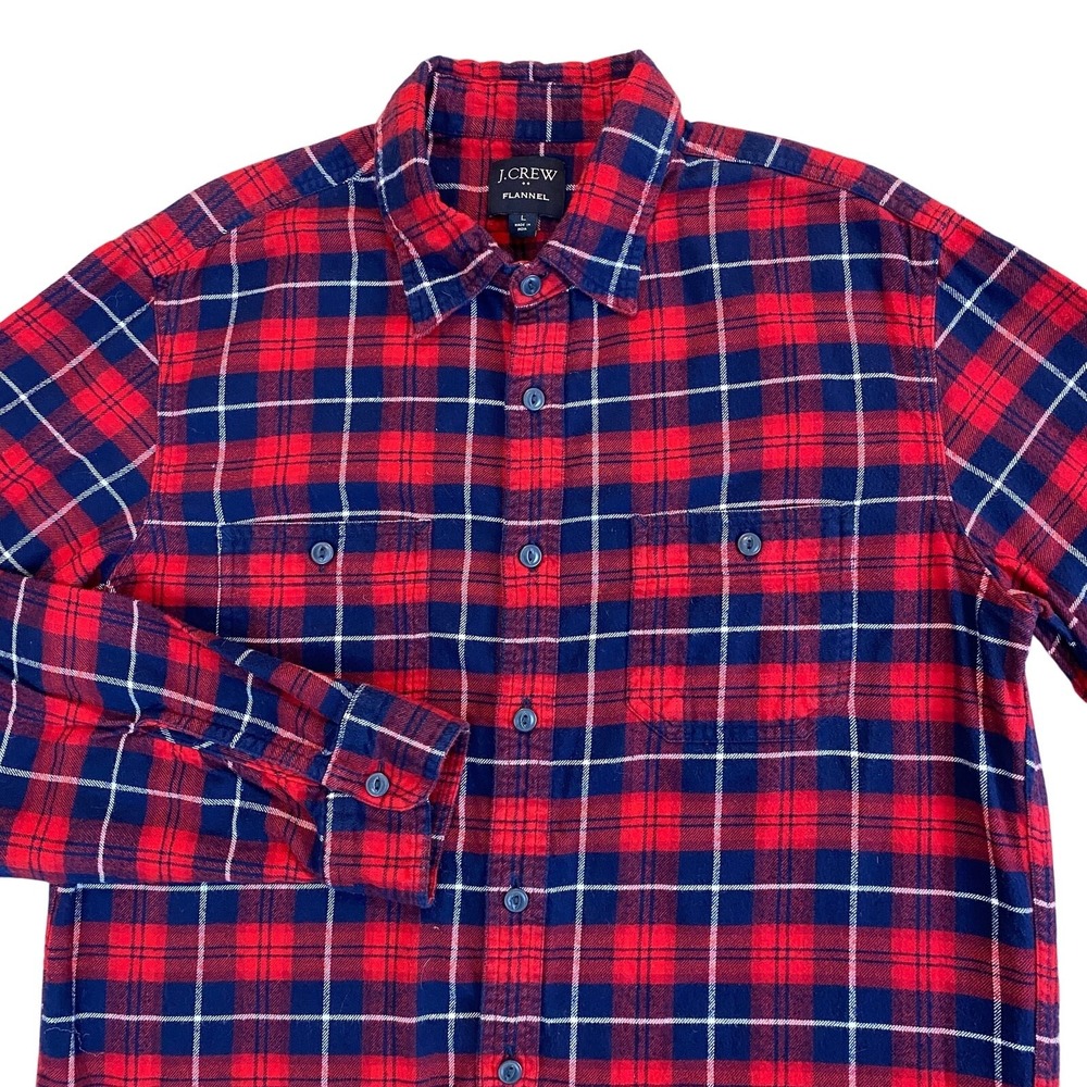 J. Crew Factory Red Flannel Shirt Men L Tartan Plaid Button Up Long Sleeve Barn
